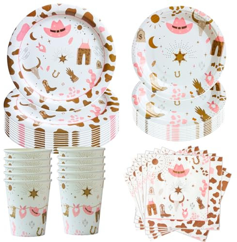 Hmfmdy Western Cowgirl-Party Partygeschirr Set, 50 Stück Cowboy Rodeo Party's Deko, Erstes Rodeo Geburtstag Geschirr Kit, Mit Pappteller Becher Servietten, Geburtstag Party Geschirr Supplies
