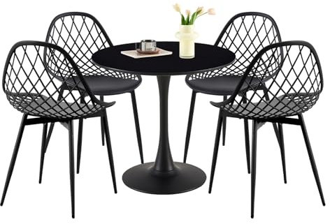 buybyroom Balkonmöbel-Set, schwarzer runder Tisch mit 4 schwarzen Stühlen, Loungesessel, Balkonmöbel, Balkon-Gartenset, Balkon-, Terrassen- und Gartenmöbel-Set