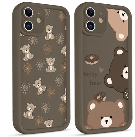 Phoona 2 Stück Handyhülle für iPhone 12 Mini Hülle 5.4, Aesthetic Muster Design Weiche TPU Silikon Schutzhülle Kratzfeste Stoßfest Kameraschutz Bumper Case für Mädchen, Khaki niedlicher Bär