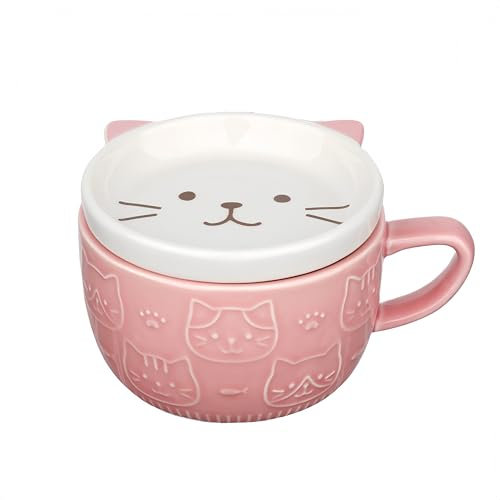Beyinli Niedliche Keramik Katze Kaffeebecher mit Deckel,Kaffeebecher oder Teebecher für Katzenliebhaber,Lustige Neuheit Katze Frühstück Tassen für Frauen Freunde Kinder Weihnachten Geburtstag