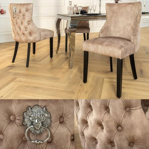 LEBENSwohnART Edler Stuhl Leon Samt beige Löwenkopf Chesterfield Schwarze Beine Esszimmerstuhl Barock