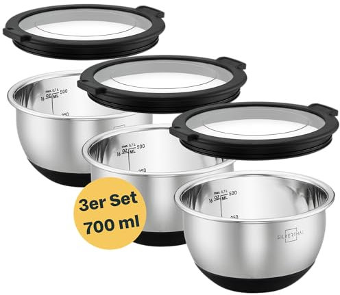 SILBERTHAL Edelstahl Schüssel mit Deckel - 700ml 3er Set Rührschüsseln zum Servieren, Kochen, Backen, Aufbewahren - Rutschfester Boden