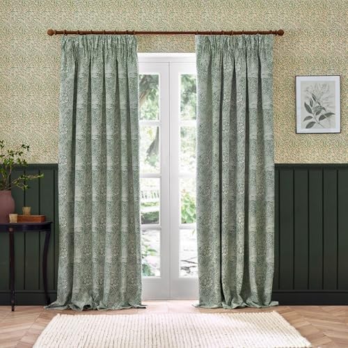 Morris&Co. Marigold Pencil Pleat Curtain Pair – Jacquard Lined Floral Heritage Drapes (Leaf Green - 117x183cm)