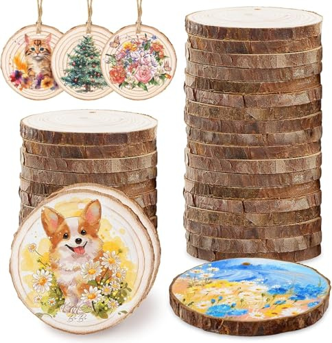 Morofme Holzscheiben 30 Stück, 6-7cm Natür Holzscheiben mit Rinde, Runde Holzscheibe mit Hanfseil Löchern für Weihnachtsdekoration Wohnraumdekoration Hochzeitsdekorationen Handbemalte Geschenk DIY