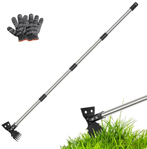 Outil d'arrache-mauvaises herbes avec long manche, râteau manuel 2 en 1 et binette de jardin de 150 cm, 4 sections détachables et robustes avec gants pour terrasse, jardin, cour, pelouse