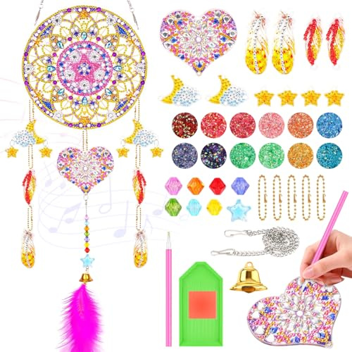 MFUSUL Diamond Painting Traumfänger Bastelset,Windspiel mit Kristallen & Federn,Hängende Deko für Zimmer,Fenster,Balkon und Garten,DIY Kreativ Bastelset