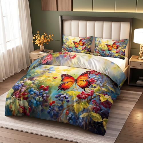 Schmetterling Blumen Bettwäsche 135x200cm Bettbezug,Naturmotiv Bettwäsche Set für Kinder Jungen Mädchen Naturinsekten Weich Bügelfrei Atmungsaktiv Microfaser Einzelbett Betten Set