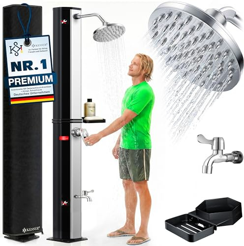 KESSER® Solardusche 60L Gartendusche, Solar Dusche für Garten & Pool mit warmem Wasser, Pooldusche ohne Strom, Regenduschkopf & Wasserhahn mit Gartenschlauch-Anschluss + Ablage, Schutzhaube