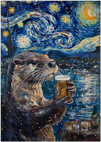 Starry Night Otter Drinking Beer Jigsaw Puzzle 1000 Pieces for Adults - Swirling Sky Puzzle Gift for Beer Lovers - 1000pc Van Gogh Style Puzzles (50x70cm / 19.685x27.559)