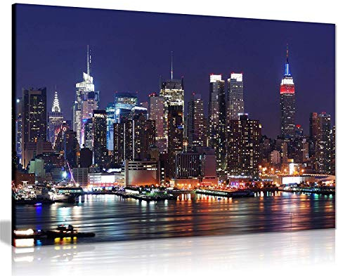 New York City Manhattan Skyline Canvas Wall Art - Framed 24x16 Inch | Night Cityscape, Ready to Hang on Pine Frame, Vivid Colour Print for Living Room Bedroom Office Home Decor, Panther Print