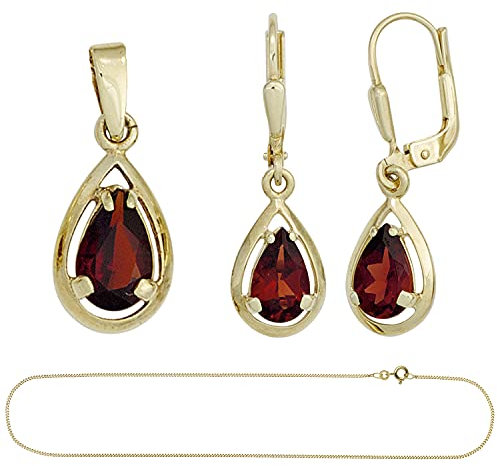 Jobo Damen Schmuck-Set 333 Gold Gelbgold 3 Granate rot Ohrringe und Kette 42 cm