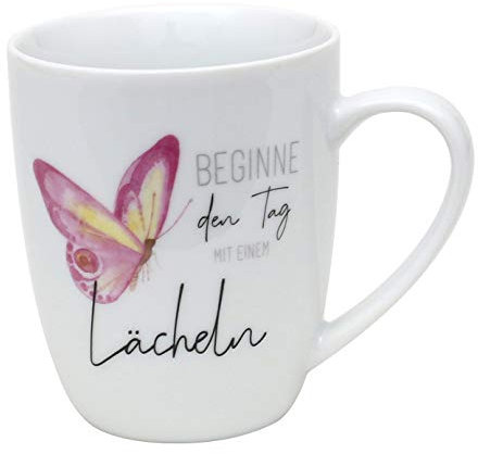 Kaffeebecher/Tasse aus Porzellan, Motiv: Beginne den Tag mit einem Lächeln. Größe H/Ø: 9,8 x 8,2 cm, Fassungsvermögen 250 ml, Spülmaschinengeeignet.