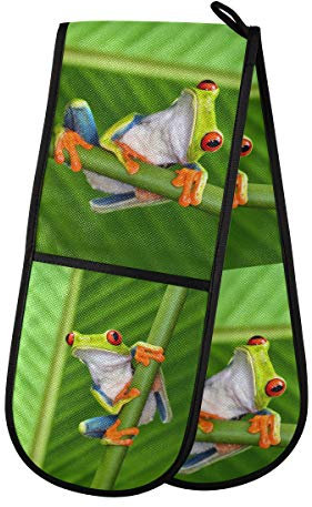 RXYY Doppelt Ofenhandschuh Tier Frosch Grün Hitze Beständig Gesteppt Baumwolle Küche Topflappen Lange Ofenhandschuhe für Kochen Backen Grillen