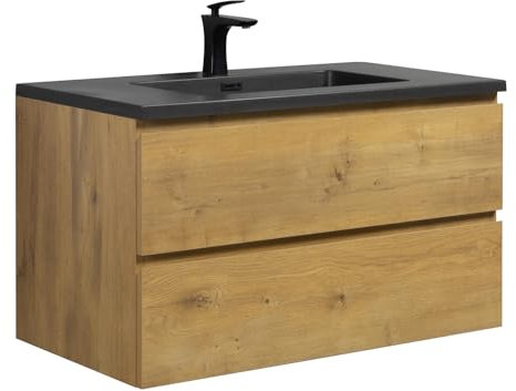 Badezimmer Badmöbel Set Angela 90 cm - Schwarzes Waschbecken - Eiche - Unterschrank Schrank Waschbecken Waschtisch