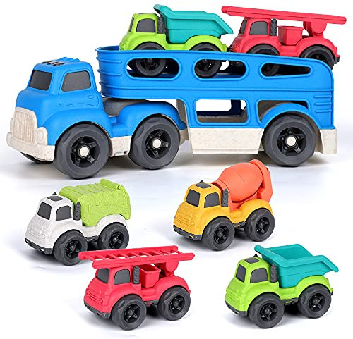 kramow LKW Transporter Spielzeug mit 4 Baustellenfahrzeugen, Auto Spielzeug für Kinder ab 3 Jahre, ideales Spielzeug Geschenk für 4-8 Jahre Kinder Jungen Mädchen