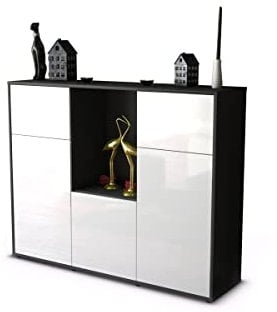 Stil.Zeit Highboard Ano, Korpus anthrazit matt, Front Hochglanz-Design Weiß (136x108x35cm) Push-to-Open Technik & Leichtlaufschienen