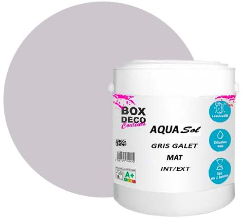 BOX DECO COULEURS Peinture Sol extérieur/intérieur acrylique haute résistance aspect mat Aqua Sol - 5Kg, Gris Galet