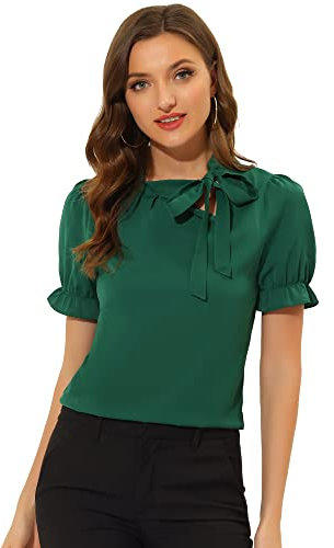 Allegra K Femmes Chemises Col Nœud Papillon Haut Chemisier Élégant Manches Courtes pour Bureau Halloween déguisement Vert Profond M