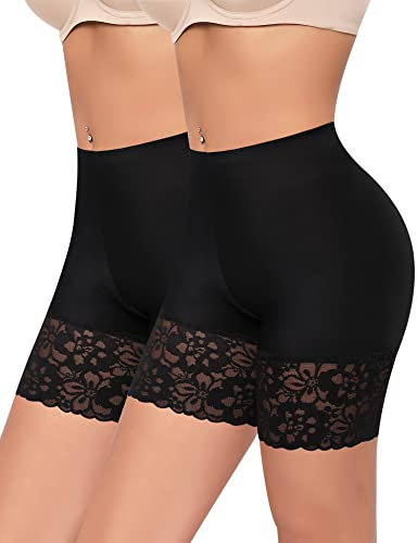 YARRCO Damen Unterhose Spitze Radlerhose Kurz Unter Rock Hosen Anti-Chafing Slipshorts Boxershorts Unterwäsche Shorts (Schwarz+Schwarz, L)