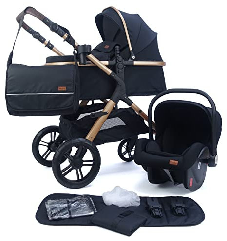 Pixini Kinderwagen Nelio 3in1 Kombikinderwagen, inkl. Babywanne & Buggy & Auto-Babyschale & Wickeltasche/Becherhalter/Regenschutz/Adapter (gold/schwarz 12)