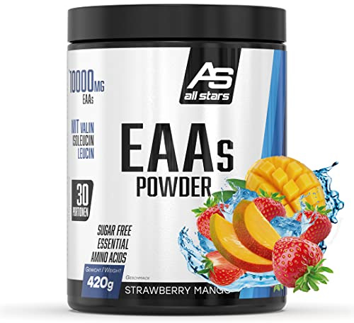ALL STARS EAAs Pulver 420g Strawberry Mango vegan | Mikro-instantisiertes Aminosäurenpulver mit allen 8 essenziellen Aminosäuren, Hochdosiert mit 10.000mg, ideal fürs Training
