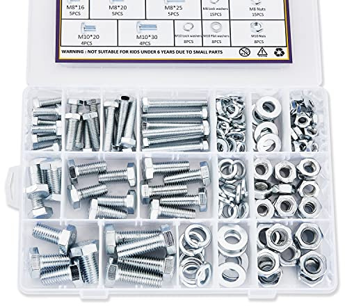ZTF Juego surtido de 188 tuercas y pernos M6 M8 M10, tornillos métricos resistentes, tuercas, arandelas, 9 tamaños más comunes, aleación de zinc, acero grado 8.8 (M6 M8 M10)