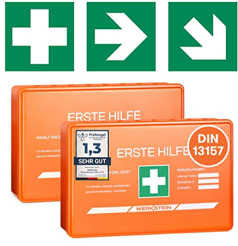 2x Erste Hilfe Kasten DIN 13157:2021 Small - Inkl. praktischer Wandhalterung, 5x Aufkleber, Gesichtsmasken & Feuchttücher - Verbandskasten DIN 13157 für Betriebe, Einrichtungen & Zuhause