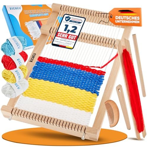 RICNEV® Webrahmen für Kinder |Hochwertiger Holz Webrahmen Komplett-Set inkl. vier Wollfarben, Kettgarn und Zubehör aus Holz Webbreite 15 cm | Schulwebrahmen für Anfänger
