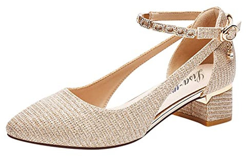 Womens Heels Closed Toe Heels Court Shoes Wedding Party Pumps Slip On Low Heel Party Courts Pump Block High Heel Chunky Dress Sandals Size 6 1#Gold