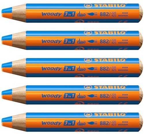 STABILO - Duo Buntstift, Wasserfarbe & Wachsmalkreide - woody 3 in 1 duo - zweifarbige Mine - 5er Pack - orange/mittelblau