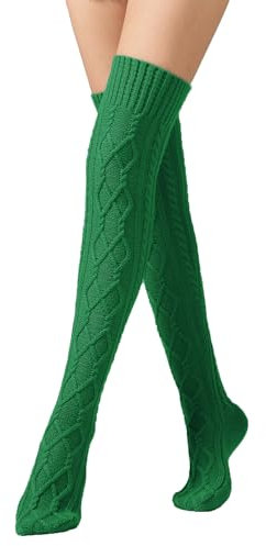 Leoparts Damen Zopfstrick Oberschenkel Hohe Stiefel Socken Extra Lange Winter Strümpfe Über Knie Beinwärmer, Grün-352, Einheitsgröße