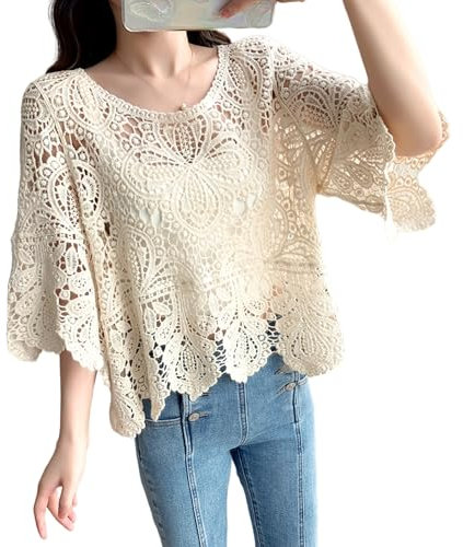 Berax Damen Bluse Sommer 3/4 Ärmel Crochet Top Boho Hippie Häkeln Hohl Oberteile Strand Bluse Cover Up,Beige