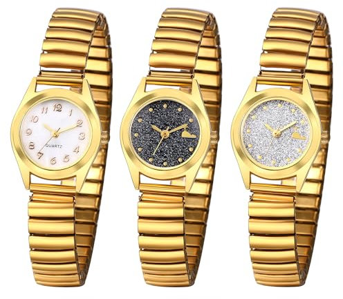 JewelryWe Damenuhr Elastisch Uhren Damen: 3 Stück Analog Quarz Armbanduhr Gold Edelstahl Stretch Armband Klein Lässige Uhr mit Sternenhimmel Zifferblatt Geschenk für Frau Mädchen
