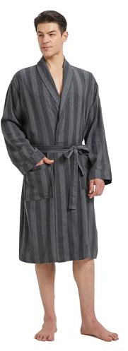 FashGudim Bademantel Herren Baumwolle Leicht Dünn Kurz Morgenmantel Herren Kariert Sommer Schalkragen Schottenmuster (Grau & Schwarz gestreift, 4XL)