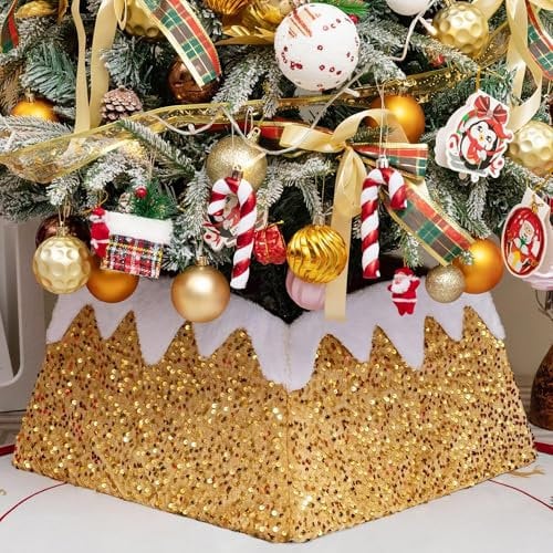 Christmas Tree Collar 24 inch Sequin Tree Skirt, Xmas Tree Square Stand Base Cover for Christmas Artificial Tree Holiday Home Decor, Snow Mountain, Golden