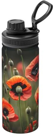 Yqxwjl Botella de agua con flores de amapola 530 ml botella de acero inoxidable botella de agua deportiva para hombres mujeres
