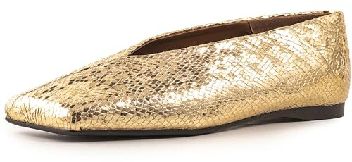 Makmeoyw Square Toe Ballet Flats for Women Slip On Loafer Shoes Fashionable Gold Metallic Mary Jane Elegant Snakeskin Leather Pumps Ballerina Dress Shoes Size 9