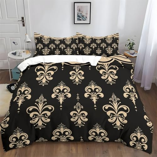 Srigzcaly Parure de Lit 3D Réversible en Microfibre Imprimé Fleur de Lys Beige Noir Set de Housse de Couette 140x200cm pour 1 Personne avec 2 Taies d’Oreiller 65x65 cm