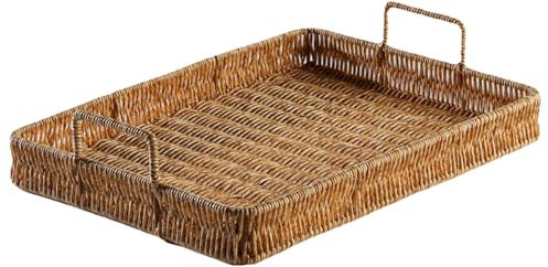 Bathroom Tray Rectangle Wicker Trays with Handles, 16.3x12.4x3.5 Handmade Plastic Rattan Tray, Large Capacity Wicker Storage Basket for Coffee Table Home Decor, Coffee, Bread, Fruits,Snacks