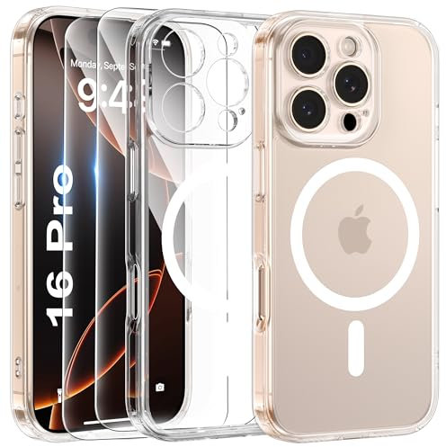 FLLAO Cover Magnetica per iPhone 16 Pro Custodia e 2 Pellicole in Vetro Temperato, Cover iPhone 16 Pro Compatibile con Magsafe, Traslucida Posteriore Sottile Antiurto Protettiva Case, Trasparente