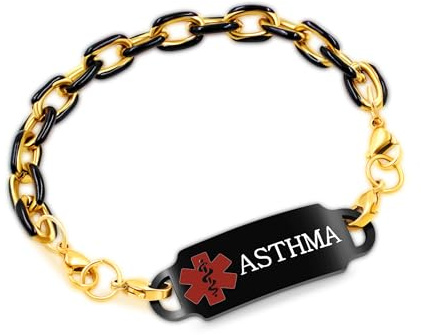 Vivaday Atemwegserkrankungen Alarmarmband für Männer und Frauen, schwarzes Edelstahl graviertes medizinisches ID-Armband, wasserdichte benutzerdefinierte Asthma-Notfallarmbänder