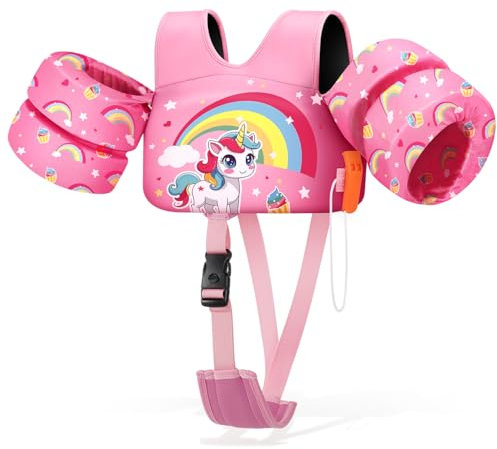 HeySplash Chaleco de Natación para Niños, Traje de Baño Flotante con Correa Ajustable para Pequeños de 6-15kg Aprender a Nadar, Flotador de Brazo de Piscina con Silbato, Unicornio Arcoiris Rosa