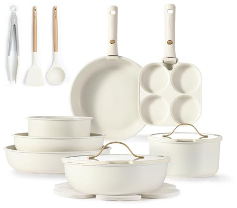 CAROTE 19pcs Pots and Pans Set, Nonstick Cookware Set, Oven/Fridge Use, Induction Kitchen Cookware Sets Non Stick with Detachable Handle, RV Cookware Set, Gold and White