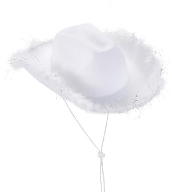 LYSINK Cowboyhut für Damen, flauschiger Pelzbesatz, Cowgirl-Hut, breite Krempe, hohe Kappe, Filz, Kuhhhüte, Rave-Junggesellenabschied-Zubehör, A-White Fluff, Einheitsgröße