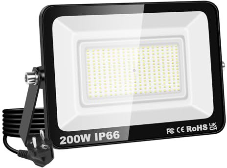 RIGIDON Projecteur Led Extérieur Avec Prise, 1x 200W 20000LM IP66 étanche Éclairage de Sécurité, Spot Led Lampe pour Patio Garage Terrasse Jardin Chantier Muraux Atelier, 6000K Blanc Froid Luminaires