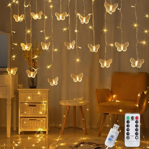 HuaMuDM Lichtervorhang Innen,Schmetterlings Vorhang Lichterketten,3.8M 16 LED Frühlingsdeko Lichtervorhang Innen,Lichterketten Vorhang USB 8 Modi,Lichterkette Vorhang mit Fernbedienung Timer