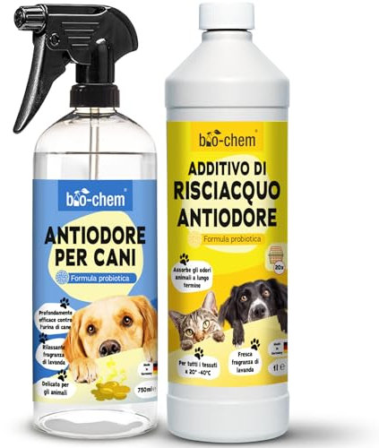 bio-chem Geruchsentferner Set | Hunde-Spray 750 ml + Wäschespülung 1L | Mikrobiologisch & effektiv | Gegen Tiergeruch auf Textilien & Oberflächen