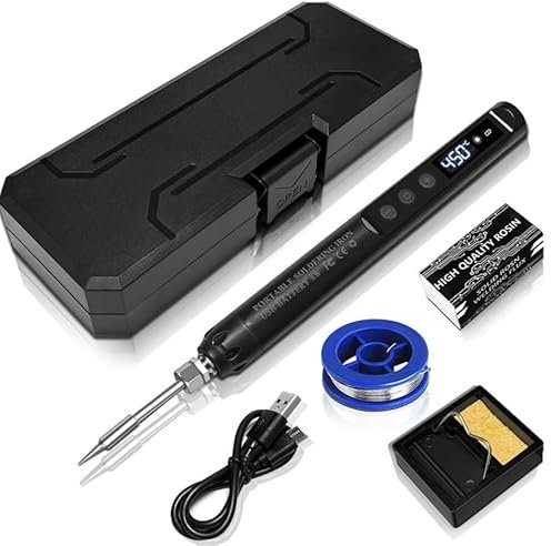 ELIOFANEIA Juego de soldador con batería, recargable por USB, con LCD, temperatura ajustable de 200 ℃ a 450 ℃, 3 puntas de soldadura, alambre de soldadura, pasta de soldadura, para soldadura DIY