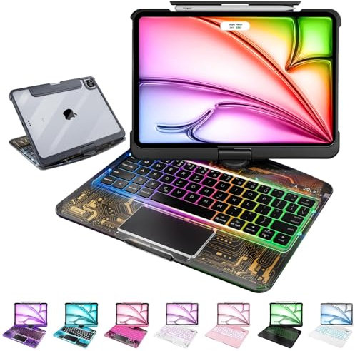 For iPad Air 11 Inch Case with Keyboard (Air M3/M2/6/5/4), 360 Rotating for iPad Pro 11 Inch Magic Keyboard (Pro 4/3/2/1), Cyberpunk High-tech with Pressure Reduction Sound Effect, Transparent Black