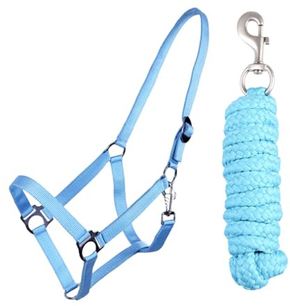 JA Horse JA4001 Essential Halfter Set Karabinerhaken, Himmelblau, Shetty | Verstellbares Pferdehalfter mit Führstrick & Karabinerhaken, Essential Anbindestrick für Pferd & Holzpferd